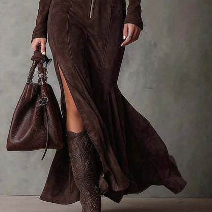 Women's Western Shirt Dress Ruched Wrap Maxi Dress High Slit Ruffle Hem Long Sleeve Flowy Chic Elegant Outing Dress