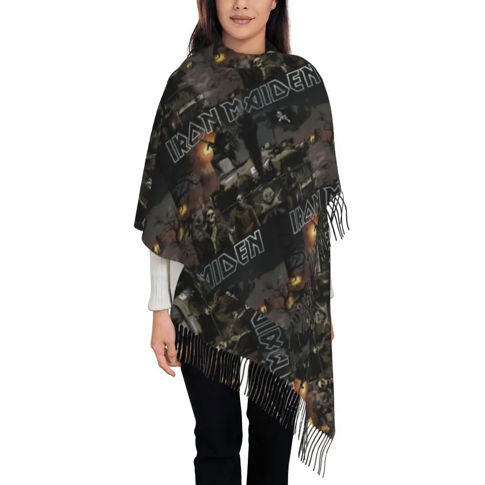Custom Female Large British Heavy Metal Rock Iron Maidens Scarves Women Winter Soft Warm Tassel Shawl Wraps Scarf