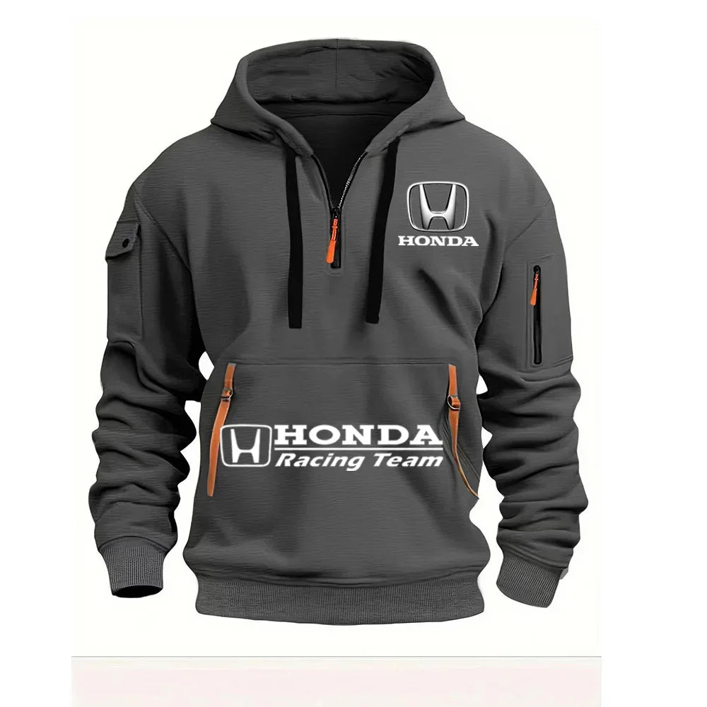 Honda Motorcycle Hoodie for Men Fashionable Men's Sweatshirt with Honda Logo Hooded Zip Top and Pockets
