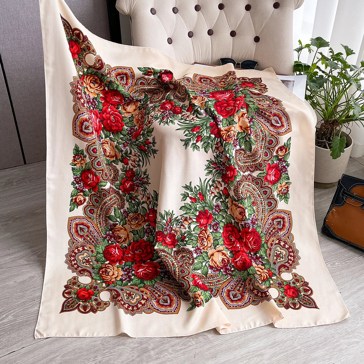 Women Russian Floral Scarf Ethnic Style Square Bandana Head Scarves Ladies Handkerchief Headband Silk Scarf Hair Wraps 2025