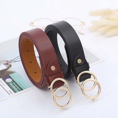 Double Ring Belts for Women Fashion Dress Jeans Belt PU Leather Metal Buckle Round Black Waist Belts Lady Girl Leisure Waistband
