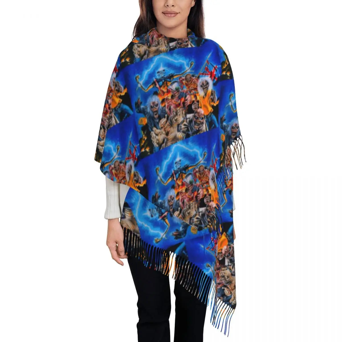 Custom Female Large British Heavy Metal Rock Iron Maidens Scarves Women Winter Soft Warm Tassel Shawl Wraps Scarf