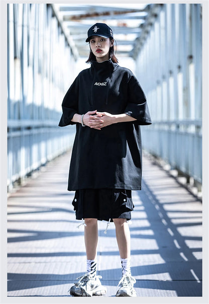 Techwear Turtleneck T-Shirt Men Hip Hop Spring Summer Harajuku Tshirt Loose Short Sleeve Tops Tees Shirts Streetwear