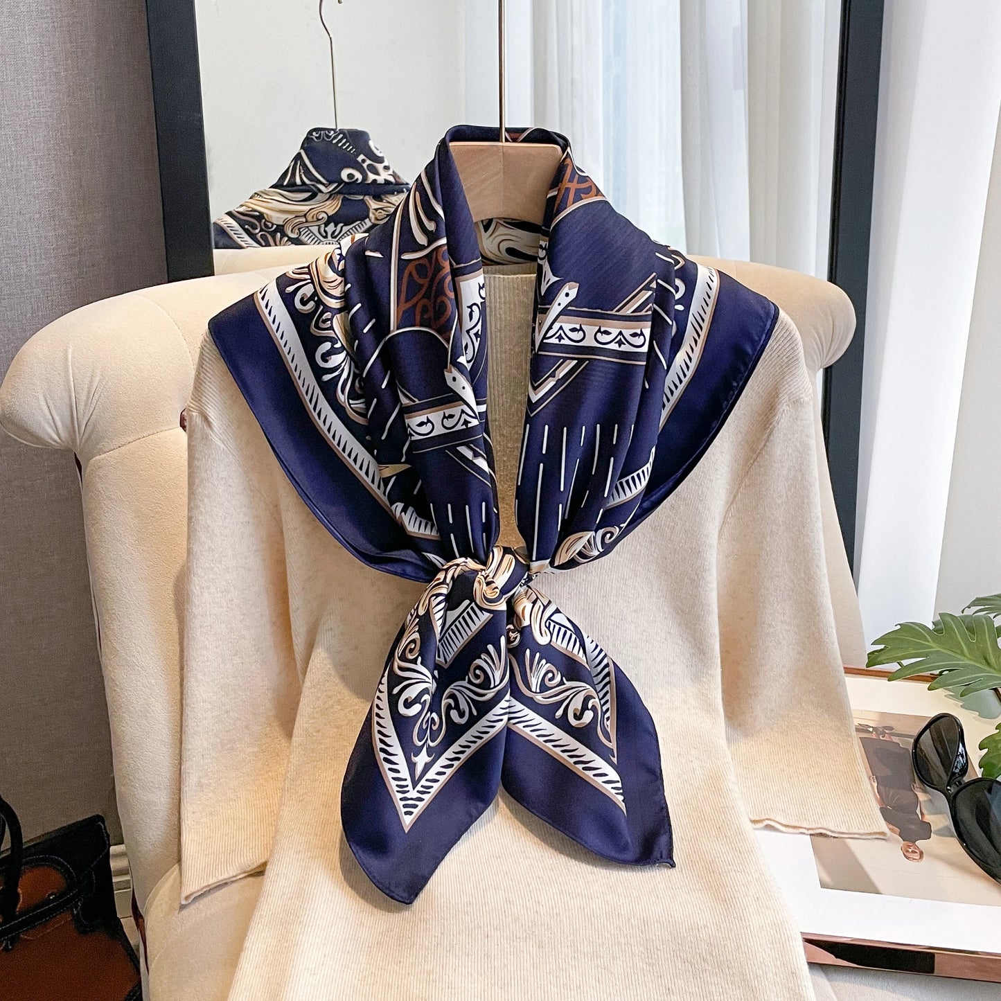 90*90cm Silk Scarves Women Print Twill Square Head Hijab Ladies Luxury Shawl Bandanna Female Muffler Chiffen Wrap Foulard Ribbon