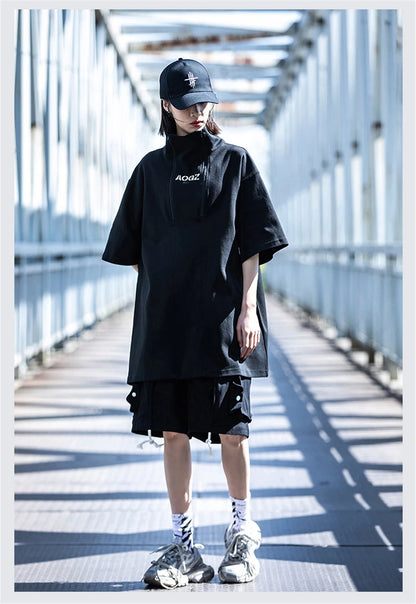 Techwear Turtleneck T-Shirt Men Hip Hop Spring Summer Harajuku Tshirt Loose Short Sleeve Tops Tees Shirts Streetwear