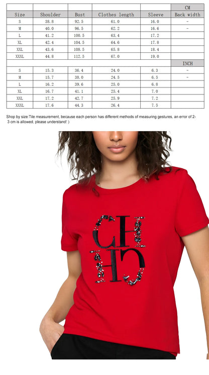 CHCH Women's T-shirt 2025 New Hand Embroidered Heavy Industry Casual Top Simple Round Neck Short Sleeve Women's Clothing