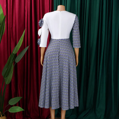 Elegant Dresses for Women 2025 Fall Fashion African 3/4 Sleeve Party Birthday New Robe Chic 3D Flower Plaid Evening A-Line Dress