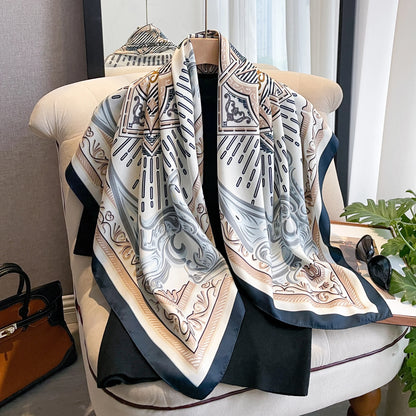 90*90cm Silk Scarves Women Print Twill Square Head Hijab Ladies Luxury Shawl Bandanna Female Muffler Chiffen Wrap Foulard Ribbon