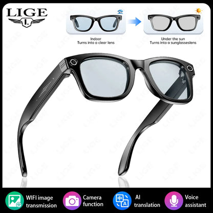 LIGE AI Smart Glasses with Camera Sunglasses 800W Camera Video Recorder Wireless Bluetooth Call Anti-blue Glasses for Man Women
