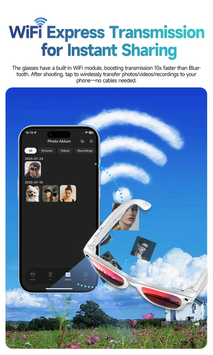 2025 Smart Glasses Men 8MP Camera WiFi Bluetooth Touch Control IP65 Waterproof AI Translation Noise Cancelling AI Glasses Women