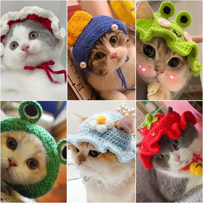 Cute Cat Hat Funny Pets Party Cosplay Headwear Delicate Hemming Pendant Decor Elasticity Knitted Hat Pet Accessories