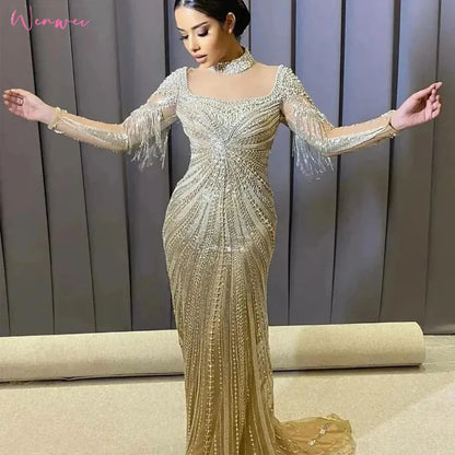 Elegant Long Sleeves Beaded Luxury Mermaid Halter Neck Arabic Wedding Guest Gowns for Women Party Evening Dresses