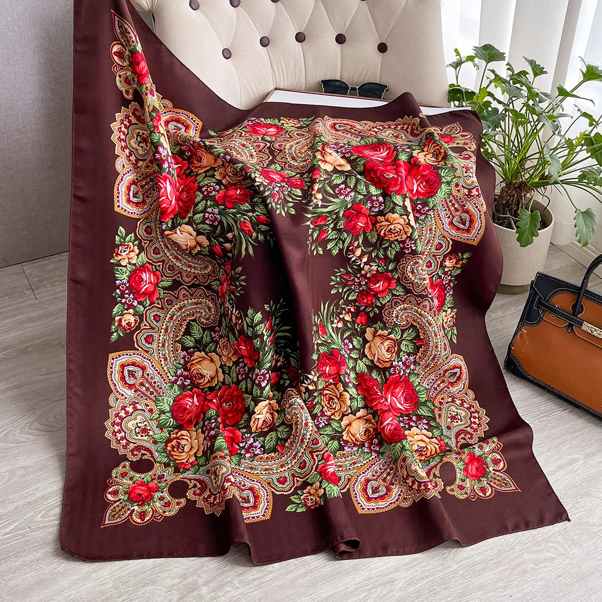 Women Russian Floral Scarf Ethnic Style Square Bandana Head Scarves Ladies Handkerchief Headband Silk Scarf Hair Wraps 2025