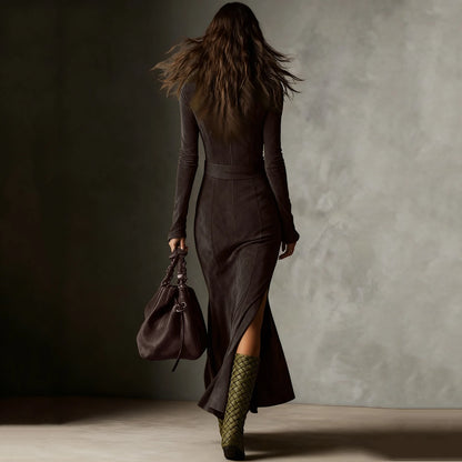 Women's Western Shirt Dress Ruched Wrap Maxi Dress High Slit Ruffle Hem Long Sleeve Flowy Chic Elegant Outing Dress