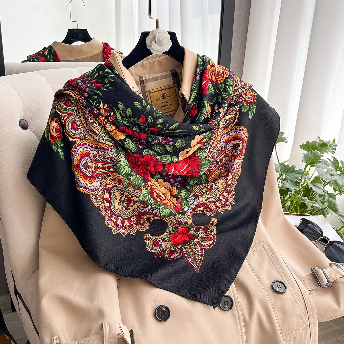 Women Russian Floral Scarf Ethnic Style Square Bandana Head Scarves Ladies Handkerchief Headband Silk Scarf Hair Wraps 2025