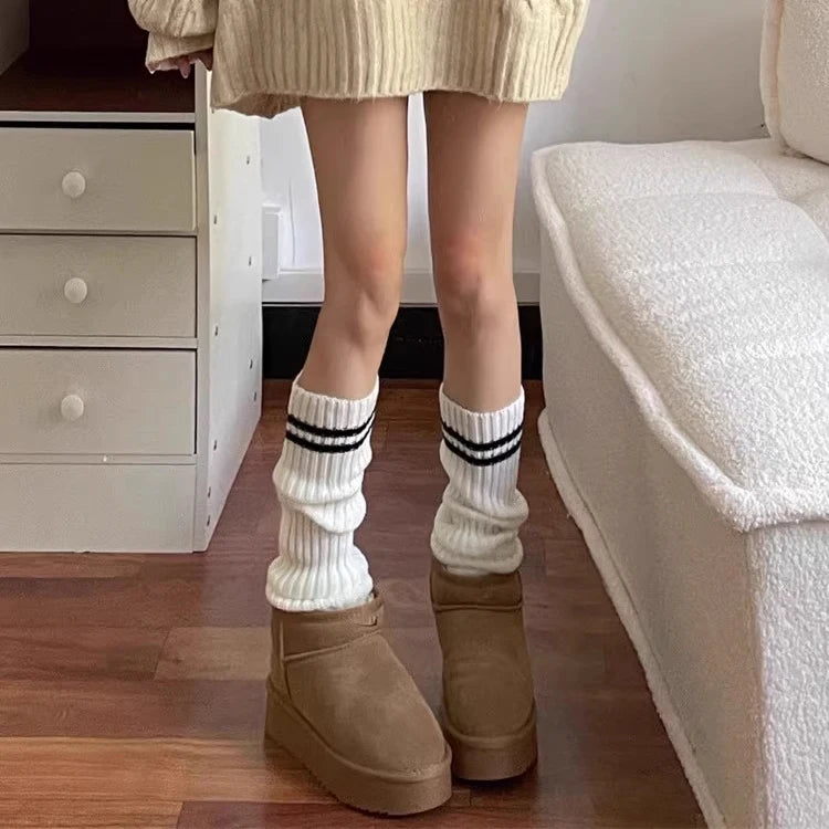Autum Lolita Striped Leg Warmers Socks Female Knitted Warm Foot Cover Women Warmer Lady Autumn Crochet Heap Socks Boot Cuffs