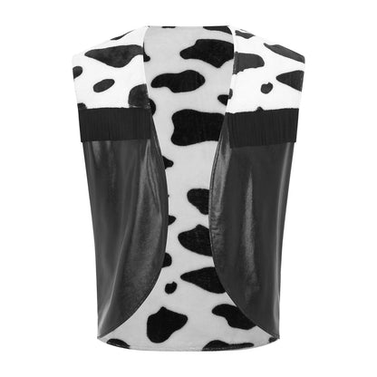 Men Western Cowboy Costume Cow Print Vest Flannel Metallic Cardigan Open Front Tassel Waistcoat Halloween Cosplay Party Dress Up