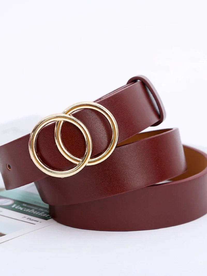 Double Ring Belts for Women Fashion Dress Jeans Belt PU Leather Metal Buckle Round Black Waist Belts Lady Girl Leisure Waistband