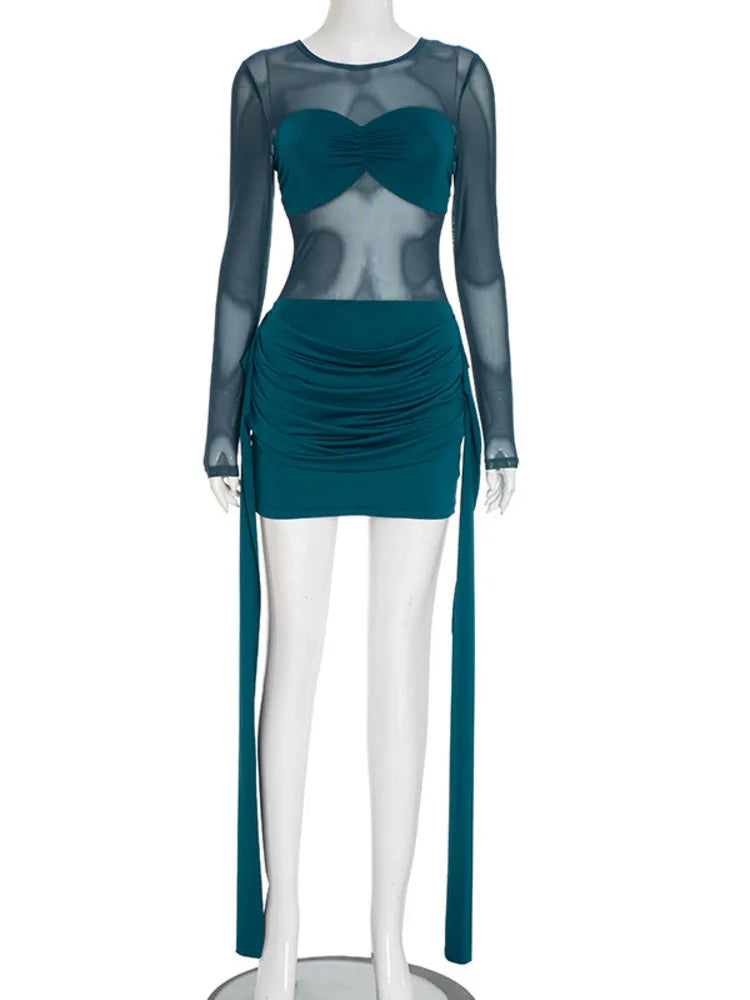 Mozision Mesh Patchwork Ruched Sexy Mini Dress Women Fashion See Through Long Sleeve Draped Skinny Club Party Dresses Elegant