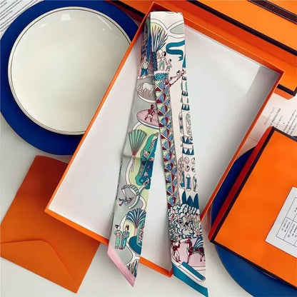 100% Silk High Quality Luxury Brand Goods Scarf Women Headband Foulard Tie Ribbon Neckerchief Skinny Scarves Hair Accessories