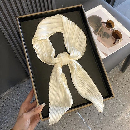 Women Square Scarf Skinny Ribbon Head Neck Small Pleated Hair Tie Band Kerchief Satin Foulard Scarves Headscarf Neckerchief