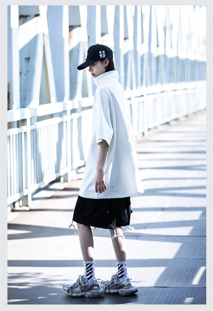 Techwear Turtleneck T-Shirt Men Hip Hop Spring Summer Harajuku Tshirt Loose Short Sleeve Tops Tees Shirts Streetwear