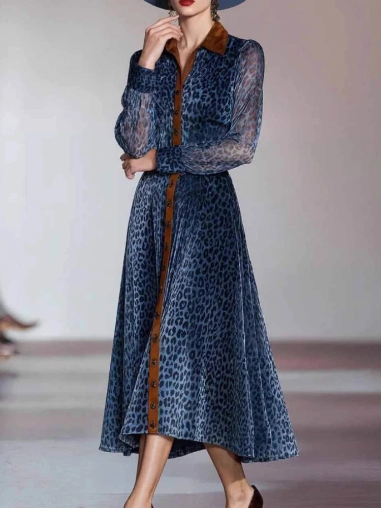 Elegant Woman Dresses Retro Turndown Collar Leopard Print Long Dress Autumn Single Breasted Long Sleeve Western Cowboy Dress